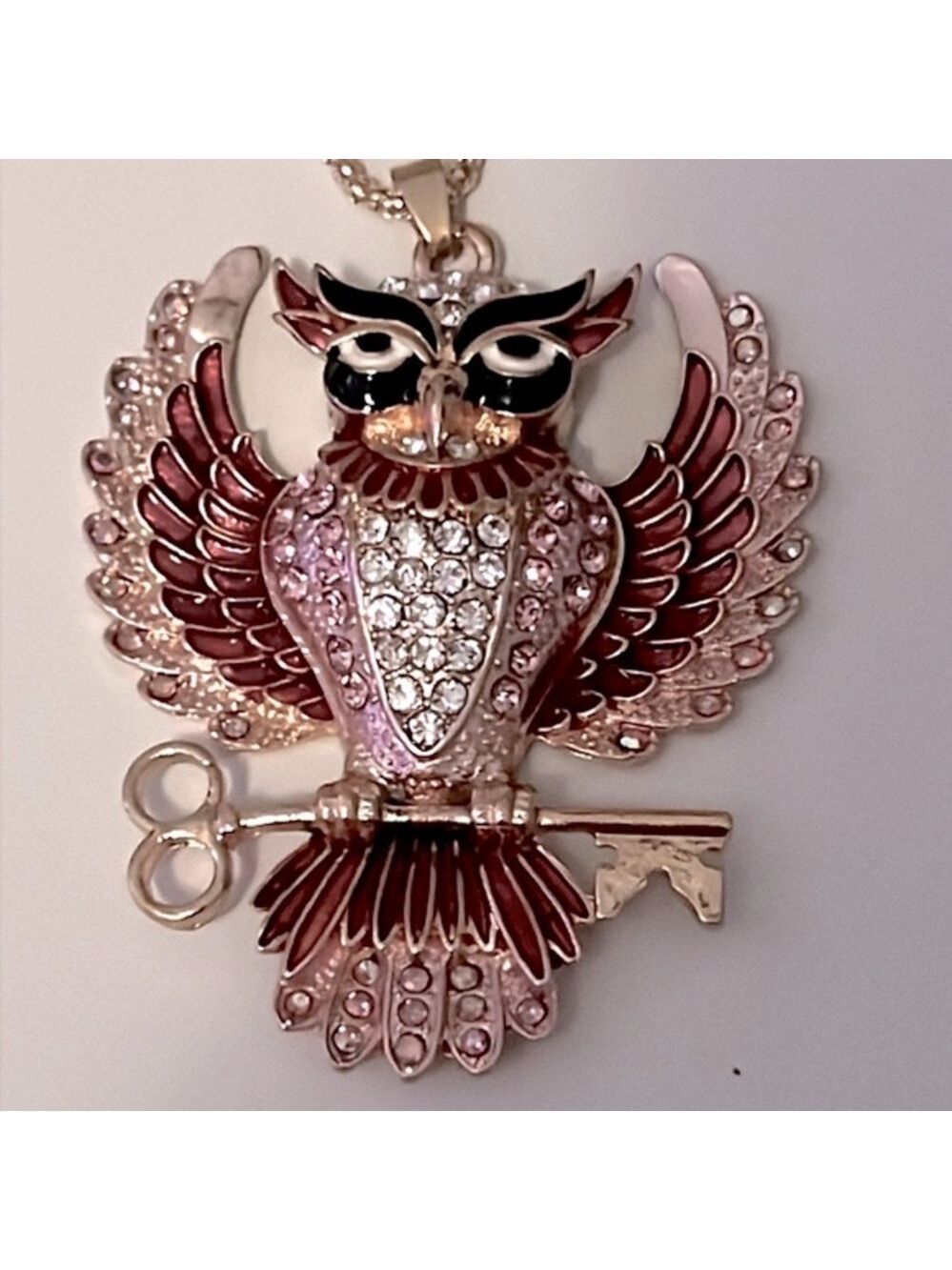 BETSEY JOHNSON RHINESTONE PINK OWL WITH SCISSORS NECKLACE.